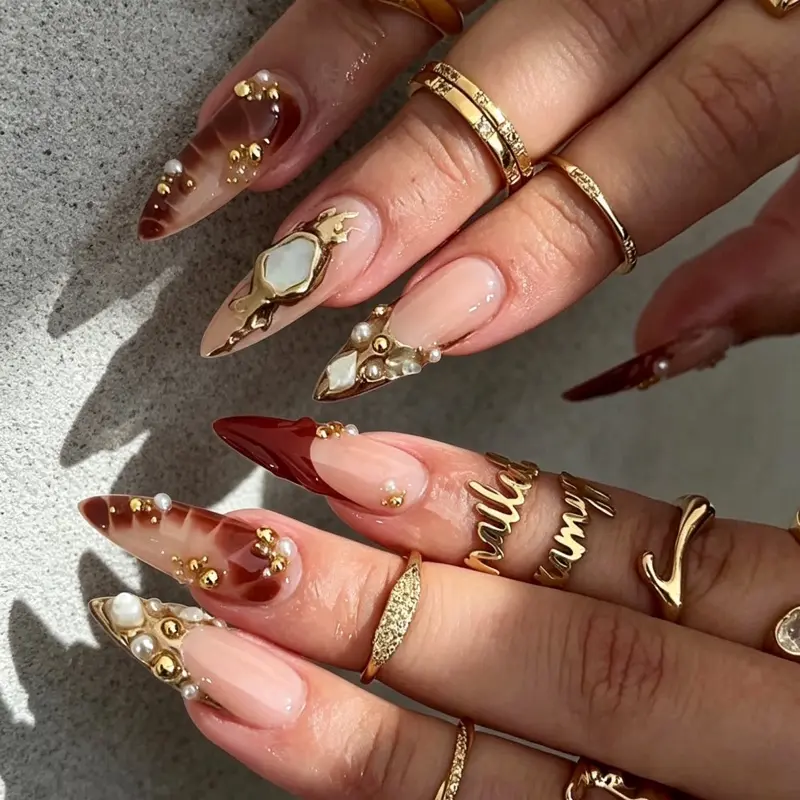 SHEDARES Amber Veil – Nude Jelly Base with Pearl & Metallic Details– Perfect for Night Out & Special Events