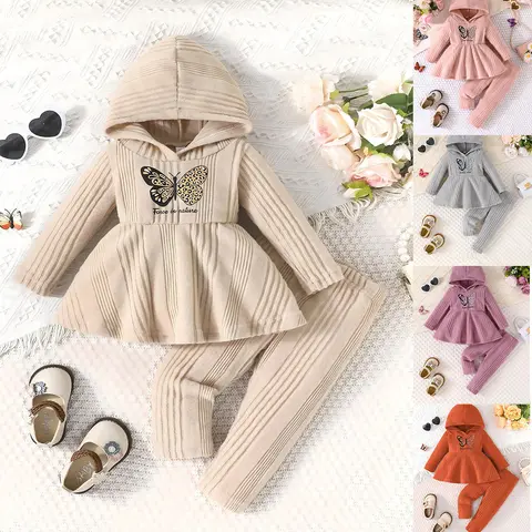 Baby Girls' 2-Piece Casual Fall Winter Baby Clothing Set - Butterfly Print Long Sleeve Hooded Ruffle Top & Pants, 18-24 Months Gift Set, Ready Stock, LKR43081AM
