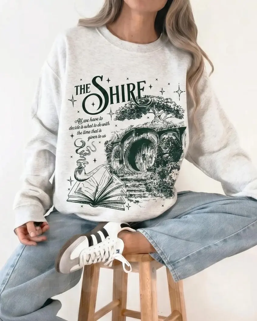 The Shire Sweatshirt, Fantasy Book Lover Crewneck, Reader Pullover, Hobbit Door Graphic Top, Cozy Literary Gift