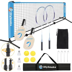 All-in-one Portable Badminton & Pickleball Net Set for Backyard Beach Driveway with Height Adjustable Poles, Durable Net, 2 Aluminum Badminton Rackets + 2 Pickleball Paddles