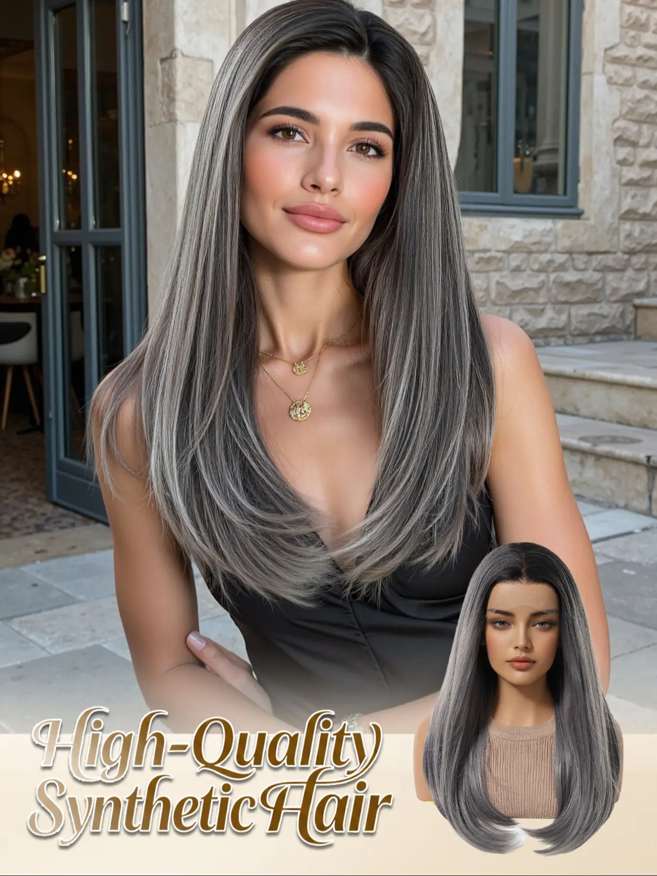 13x4 HD Lace Wig 18" Straight Layered | Ombre Dark Root Silver Grey Heat Resistant Synthetic Wig Breathable Cap Lack Of Bangs Lace Front Wigs