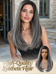 13x4 HD Lace Wig 18" Straight Layered | Ombre Dark Root Silver Grey Heat Resistant Synthetic Wig Breathable Cap Lack Of Bangs
