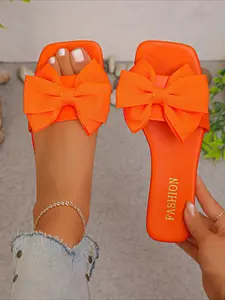 Luxury Bow Square Toe Slides for Women, Summer Soft Sole Non-slip Flats, Skin-Flattering Fairy Style Beach Shoes