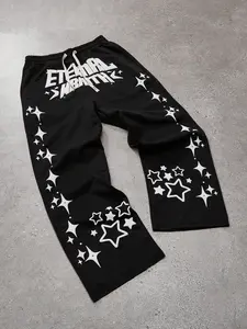 Unisex Loose Fit Star Print Drawstring Jogger Pants, Y2K Dark Aesthetic Street Style, Vintage 90s Hip Hop Sweatpants for Daily Wear