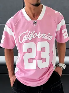 1 Piece Men‘s Oversized Vintage Football Jersey， Pink California 23 Graphic Print with V-Neck， Casual Streetwear for Sports Events and Daily Fashion, Stylish Jersey