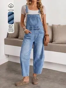 SummerVibes,Women's Denim Jumpsuit Overalls, Adjustable Straps, Non-Elastic, Pockets, Loose Fit, Vintage Casual Elegant, Suitable for All Seasons