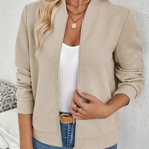 Women's Autumn Winter Fashion Casual Jacquard Jacket Coat Long Sleeve, Casual Fashionable Outerwear, Fashionable Jacket, Basic Fitted Style, Moderate Fabric Thickness, Perfect for Spring & Fall Seasons, Womenswear
