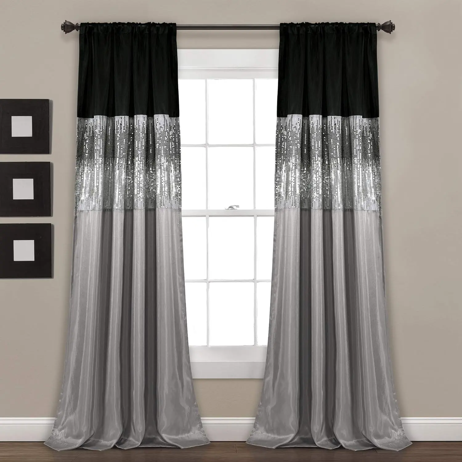 Night Sky Window Curtain Panel, Single 42"W x 84"L Black & Gray - Sequin Backdrop Curtain - Room Darkening Curtains For Bedroom - Glam Decor