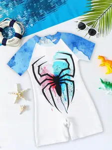 Boys' one-piece swimsuit "Watercolor Iridescent Spider Style" - featuring iridescent splashed spider prints and blue-white tie-dye raglan sleeves, fresh and cool, fully enhancing the atmosphere of summer swimming pools/seaside water play.