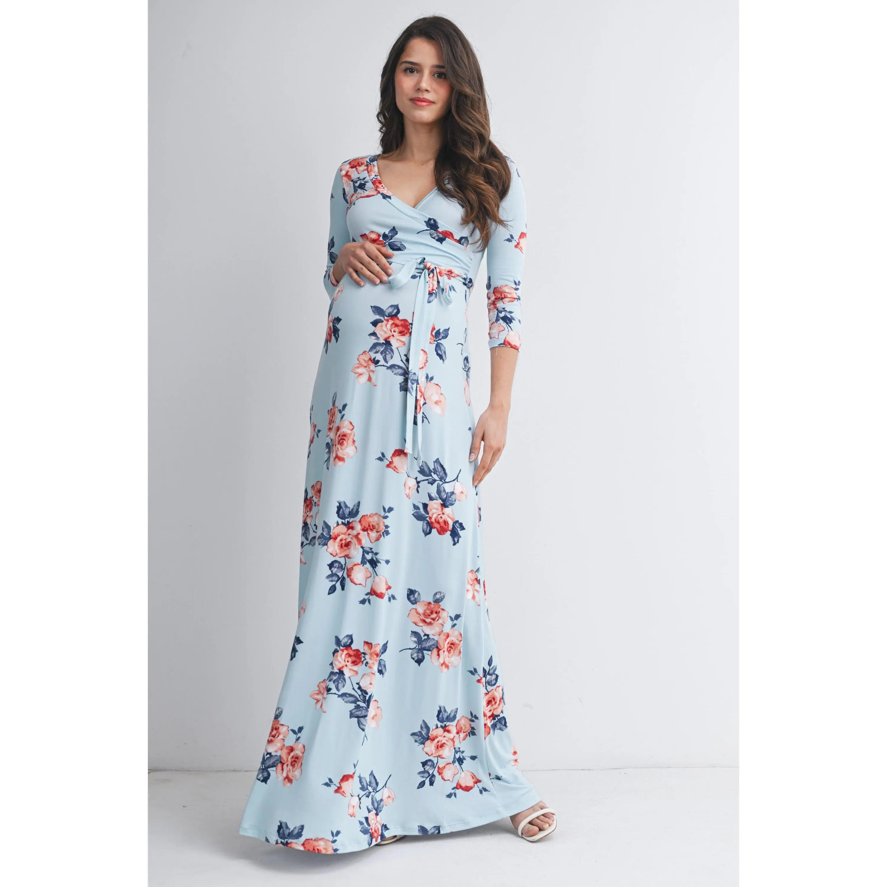 Sky Blue Floral Wrap Maxi Maternity Nursing Dress