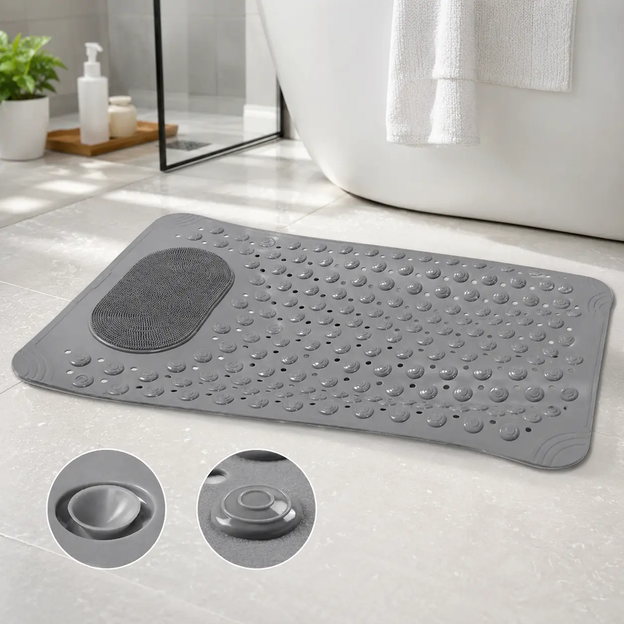 Non-Slip Massage Shower Mat with Drain Holes, Non-Slip Massage Shower Mat, shower mat anti slip Non-slip Bathtub Mat 27x14 Inch Grey Massage Brush Foot Scrubber Bath Mat Machine Washable