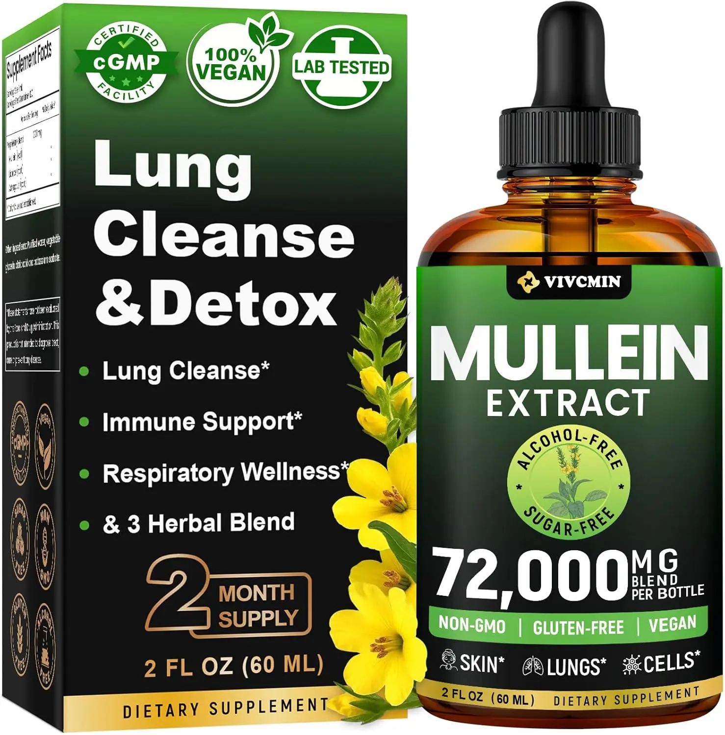 Mullein Drops for Lungs with Licorice & Astragalus, Respiratory & Immune Support, Lung Detox for Smokers Tincture, Mullein Leaf Extract for Lung Cleanse, Sugar & Alcohol-Free, 2 fl oz