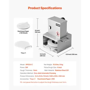 VEVOR Electric Pizza Dough Press Machine, 6 inch Pizza Pastry Press Plate, Stainless Steel Bread Presser, Adjustable Thickness Commercial Forming Machine, with 100 Pcs Parchment Paper