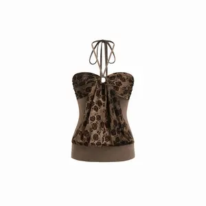 Cider Floral Flocking Halter Neck Twist Knot Crop Top SummerWins