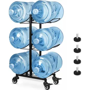 Movable Foldable 3-Tier Heavy Duty 5 Gallon Water Jug Holder with 4 Wheels, Water Cooler Jug Storage Rack for 6 Bottles, Black