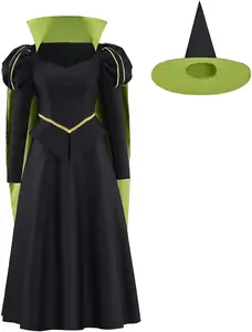 Wicked Elphaba Cosplay Costume Green Witch Dress with Cape Hat Set Halloween Wizard Outfit for Women