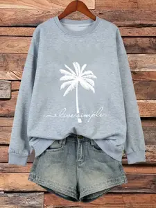 Women's Palm Tree Print Fleece Knit Pullover Hoodie, Fall Winter Retro Casual Loose Fit Round Neck Sweatshirt, Holiday Style Letter Graphic Top