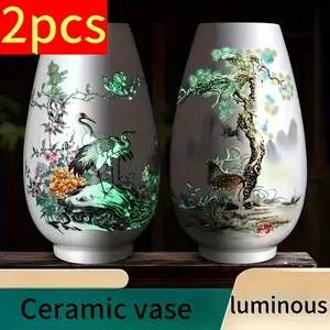 2pcs Luminous Ceramic Vase China Jingdezhen Handmade Vases Decorative For Home Tabletop Living Room Office Wedding Holiday Party Ornaments Set