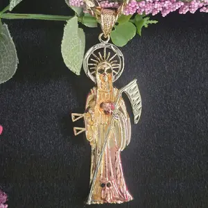 14K Gold-Plated Santa Muerte Pendant, 5mm x 24" Cuban Chain Necklace