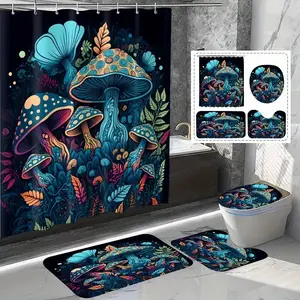 This 1/4-piece cartoon-themed shower curtain set features a dreamy mushroom pattern and includes a shower curtain, toilet seat cover, rectangular mat, and U-shaped mat. Perfect for any bathroom décor, Bathroom Supplies