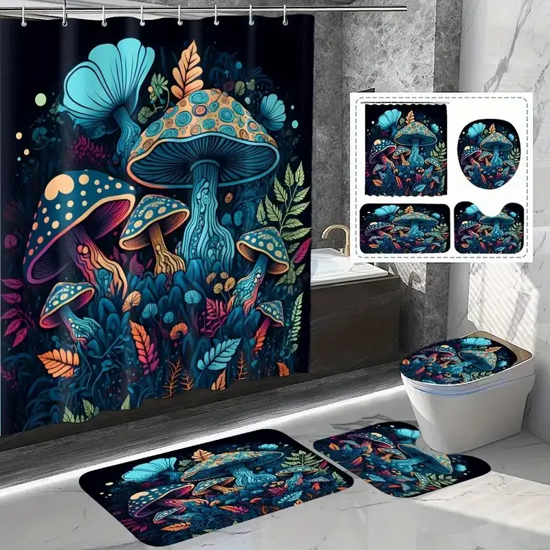 This 1/4-piece cartoon-themed shower curtain set features a dreamy mushroom pattern and includes a shower curtain, toilet seat cover, rectangular mat, and U-shaped mat. Perfect for any bathroom décor, Bathroom Supplies