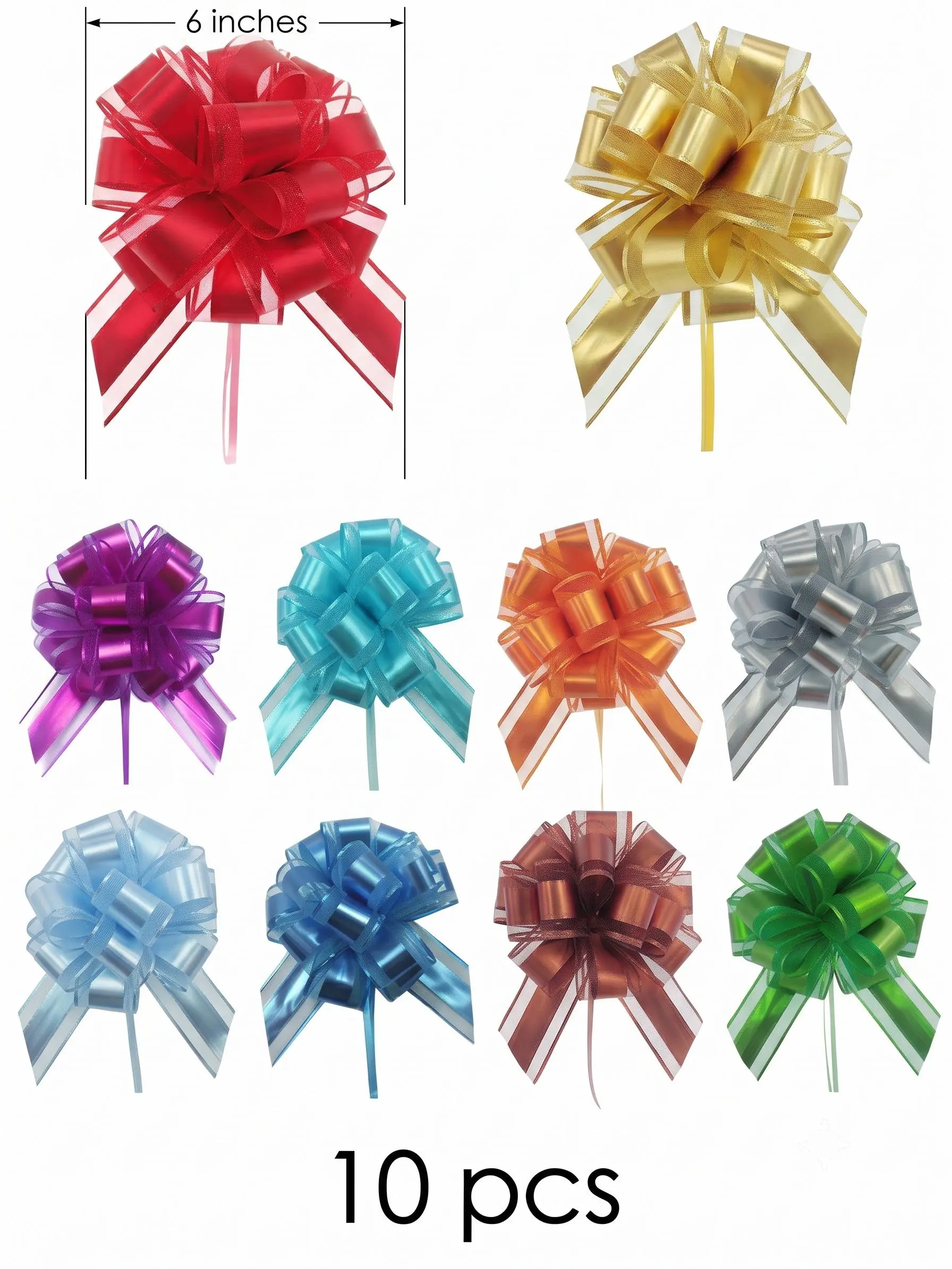 10pcs 6 inches Large Pull Bows - Artisanal Premium Dual-Texture Design Modest Mesh & Satin Ribbons, Flat Pack Pull Mechanism, Multiple Colors, Classic Style - Home & Festive Party Packaging Supplies, Artisanal Quality, Reusable