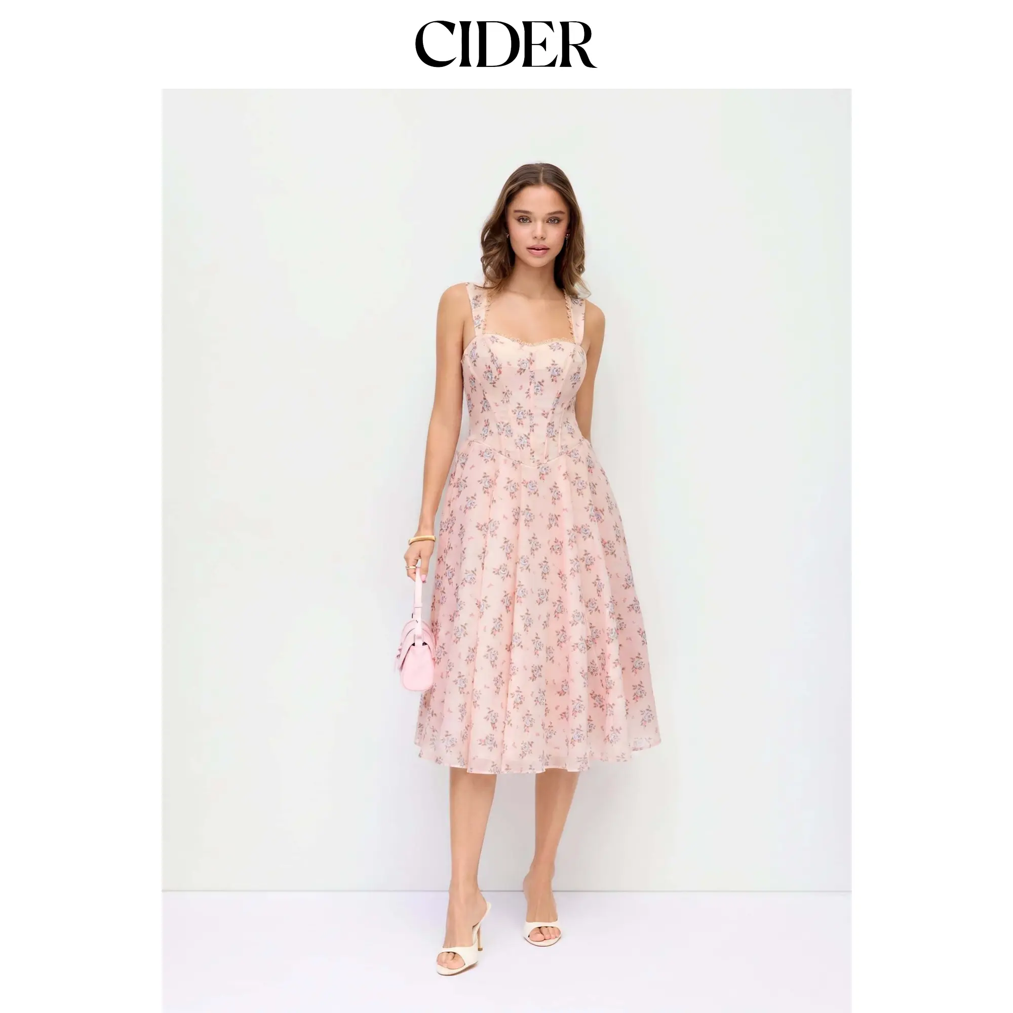 Cider Women's Cotton-Blend Floral Square Neck, Lace Trim Corset A-Line Midi Dress