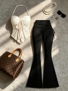 American Style Sexy Fashion Set, Halter Neck Bow Top + High Waist Flare Pants, Slim-Fitting Graphic Suit, Two-Piece for Women