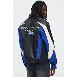 Colorblock Racer Faux Leather Bomber Jacket - Black