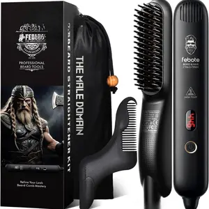 Heated Ionic Hair Straightening Brush for Men - 5 Temperature Settings, Anti-Scald, Smooth Beard Shaper, Travel Bag, Ideal Gift