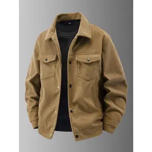 Men's Autumn Casual Corduroy Flight Jacket, featuring a snap closure design on the front pocket for daily men's outerwear. Medium vintage style beige long sleevesRAIMENTRY