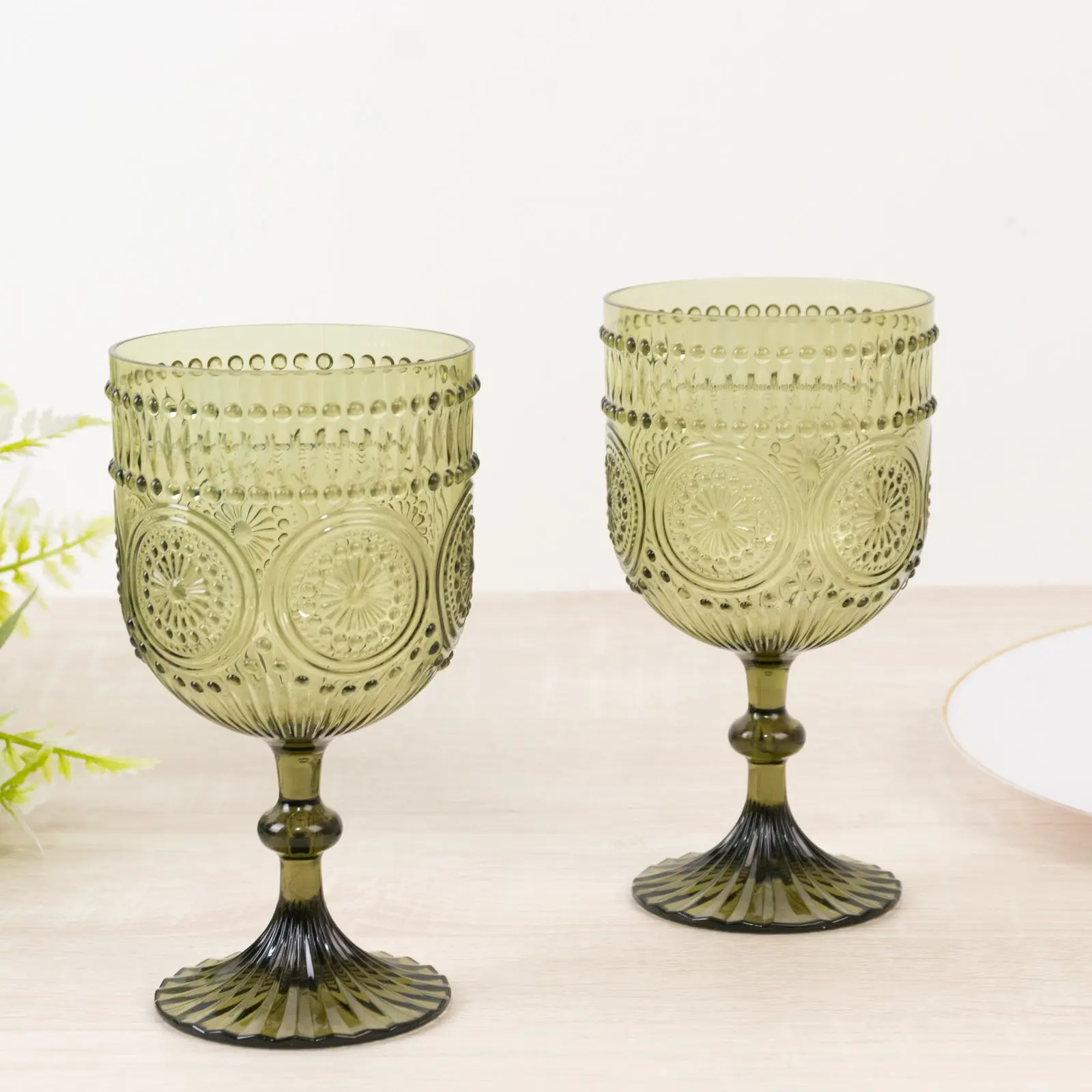 12-Pack Vintage Plastic Wine Glasses Set - 15oz Reusable Shatterproof Dusty Sage Green Embossed Floral Glassware, Party Tulip Drinking Glasses for Kitchen Decor