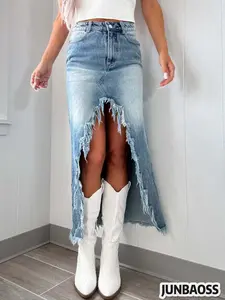 JUNBAOSS Women's Casual Stretch Mid Rise Long Denim Skirt with Furry Edges Elastic Hip Skirt Long Dress for Streetwear and Elegant Style