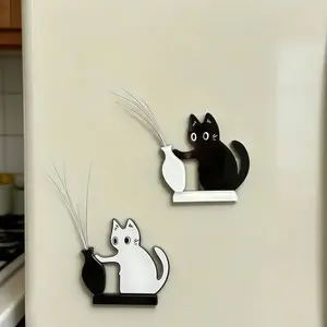 Cat Desktop Decorations Cute Kitten Pushing Vase Desk Ornament Magnetic Fridge Sticker with Whiskers for Office Desk Storage Cat Lover Gift