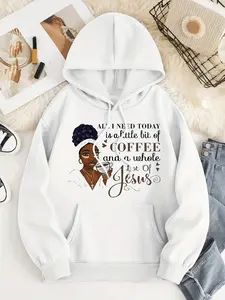 Coffee & Jesus Print Hoodie, Casual Pocket Long Sleeve Drawstring Hoodies Sweatshirt, Women's Clothing Hoodie
