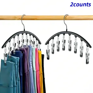 Legging Organizer for Closet, Metal Yoga Pants Hangers 2 Pack w/10 Clips Holds 20 Leggings, Space Saving Hanging Closet Organizer w/Rubber Coated Closet Organizers and Storage, Black
