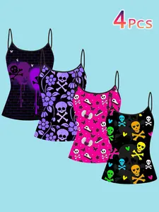 Women's Sweet Cool Dark Skull Printed Strapless Top, Casual All Season Wear, Slim Fit Design, Perfect Layering Piece