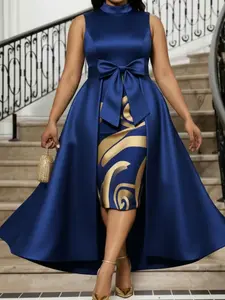 Plus Size Women'S Spring-Summer Sleeveless Stand-Collar Decorated Waist-Cinched Asymmetrical-Hem Dress | Exquisite Printed Design, Highlighting Elegant Temperament