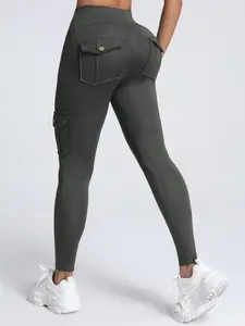 Women's Solid Pocket Design Cargo Leggings, Casual Comfy Breathable Skinny Pants for Daily Wear, Ladies Bottoms for All Seasons, High Waisted Leggings