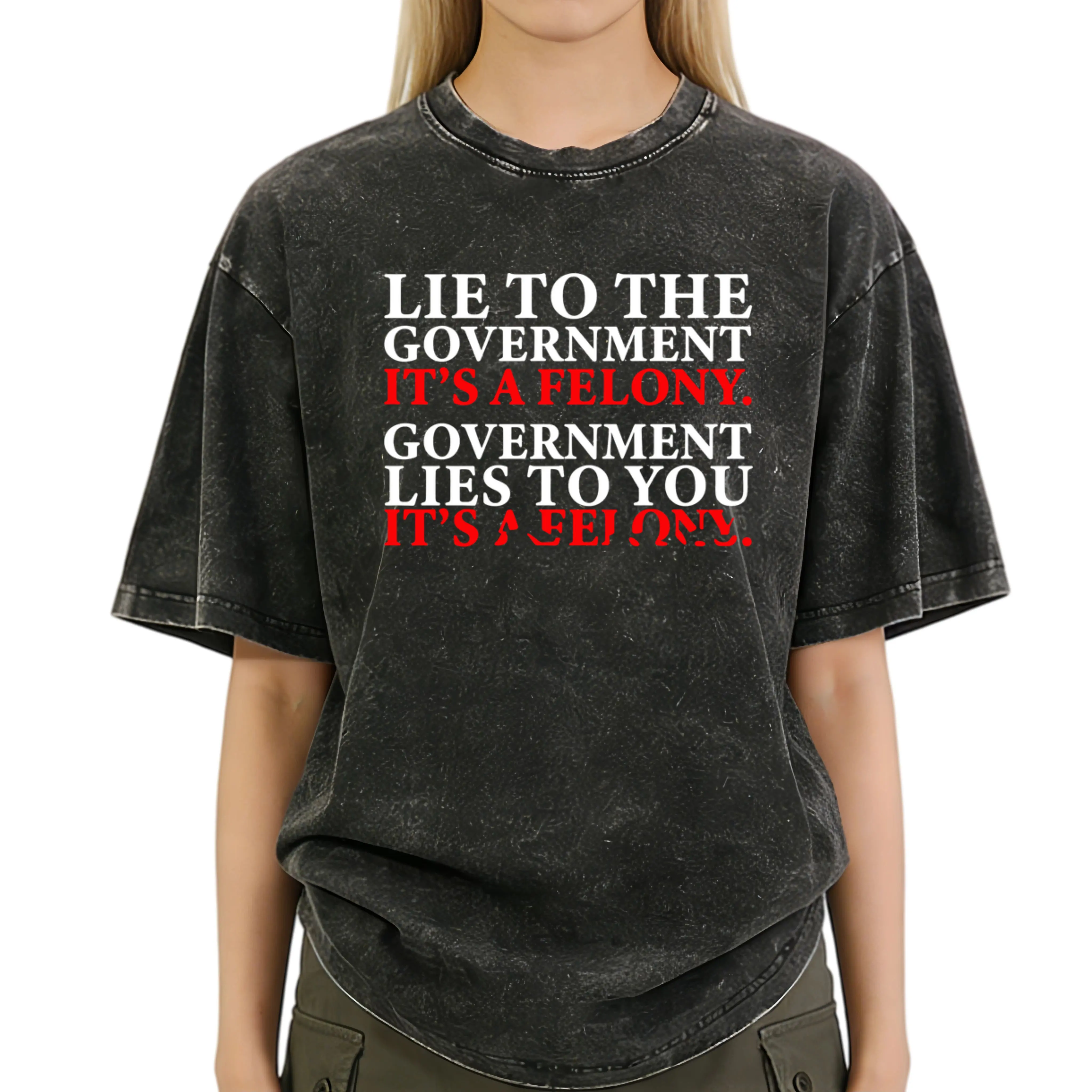 Plus-Size Women's Oversized T-Shirt with Bold "Lies to the Government" Print – Loose Fit, Round Neck Casual Tee for Summer 2026, Perfect Holiday & Festival Gift