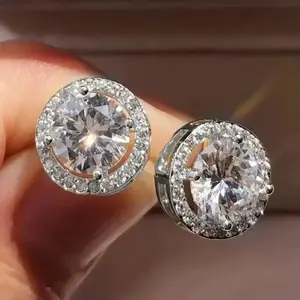 Luxury Round Halo Moissanite Stud Earrings Silver Plated Full Paved Cubic Zirconia Earrings Elegant Bridal Wedding Crystal Ear Jewelry Sparkling Dainty Gift For Women Daily Party Prom