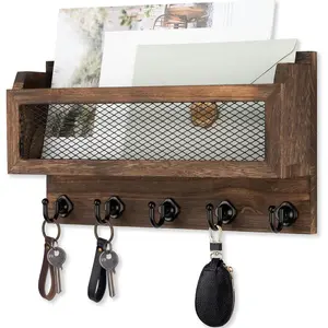 Mail and Key Holder for Wall Decorative, 11 Inch Wooden Wall Key Organizer with 5 Key Hooks, Wall Mount Storage Shelf for Entryway Hallway (Brown)