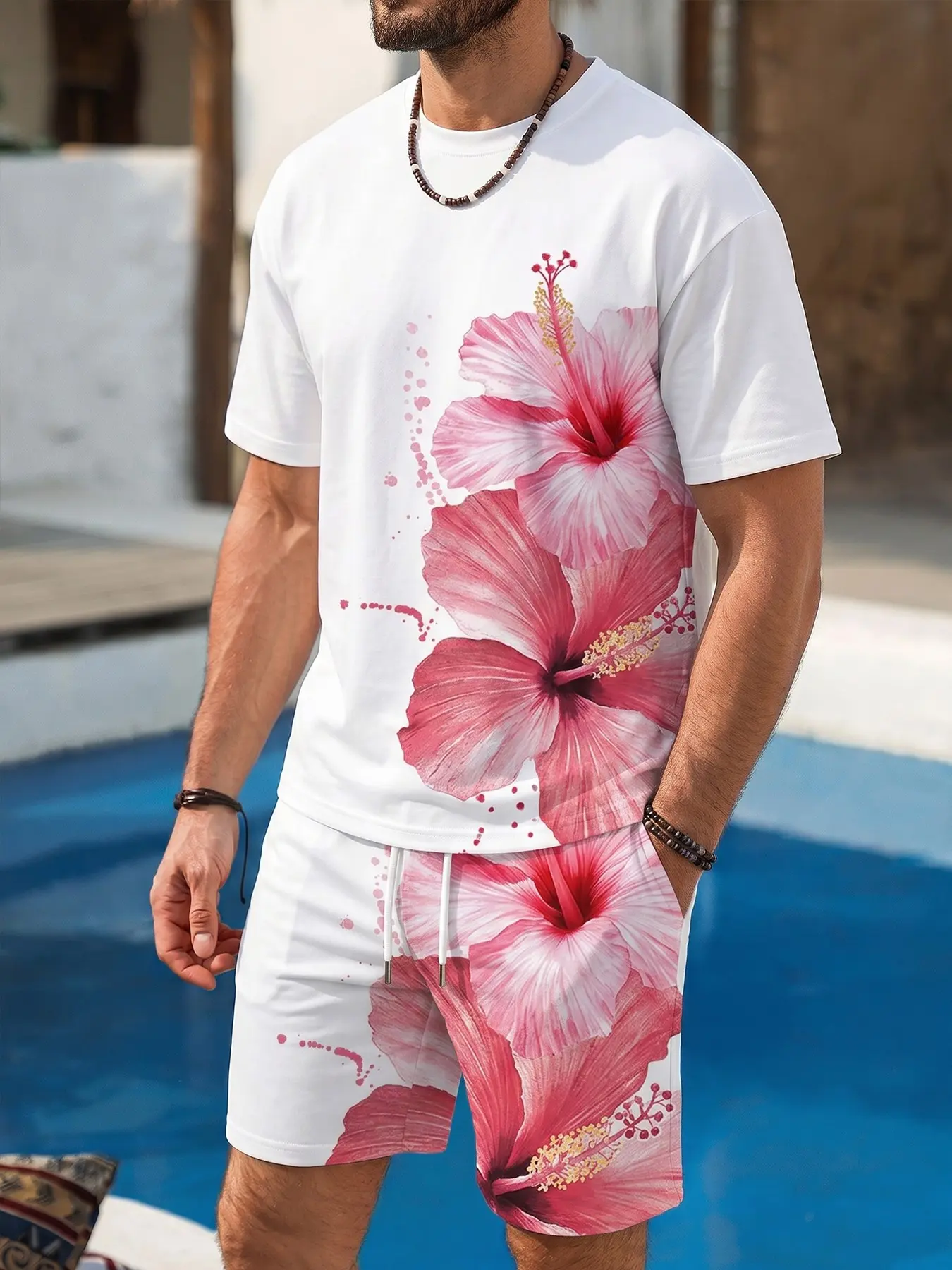 Men's Hibiscus Flower Print 2 Piece Casual Outfit, Y2K Streetwear Vintage Hawaiian Vacation Set, Summer Loose Fit Tropical Floral T-Shirt And Shorts Set, Beach, Vacation, Retro Streetwear, Menswear #springsaledeals2026 #summeroutfits