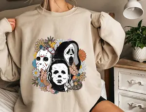 Halloween Movies Characters Sweatshirt, Scary Movies Crewneck Sweatshirt, Ghostface Halloween T-Shirt, Characters Halloween Tee, Scary Movies Ghostface Shirt, Halloween Shirt