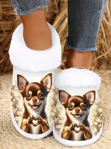 Women's Cute Dog Pattern Slip-On Slippers, Soft Fuzzy Winter Warm House Shoes, Non-Slip Rubber Sole, Cozy Indoor Outdoor Gift