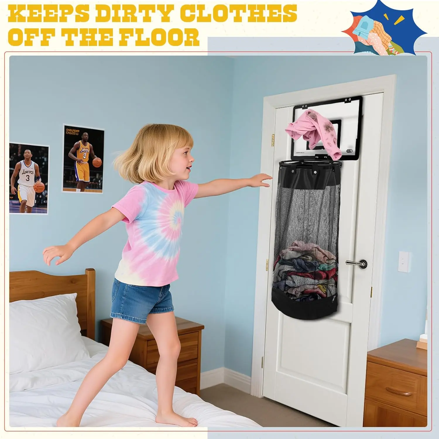 2-in-1 Over-Door Sports Basketball Hoop & Laundry Hamper, Door Mount Easy-to-Clean Clothes Basket with Bottom Zipper for Teens’ Bedrooms, Dorm Rooms