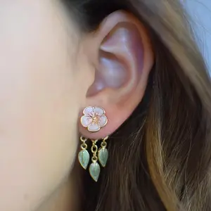 High-End Oil-Dripping Peach Blossom Leaf Dangle Earrings - Unique 3D Flower Cluster Costume Jewelry for Fashion Accessory Enthusiasts, Flower Cluster Earrings
