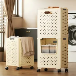 Collapsible Laundry Basket with Lockable Wheels, Stackable Plastic Hamper with Honeycomb Ventilation & Side Handles, Foldable Large Laundry Storage Bin, Tool-Free Assembly for Bathroom & Dorm