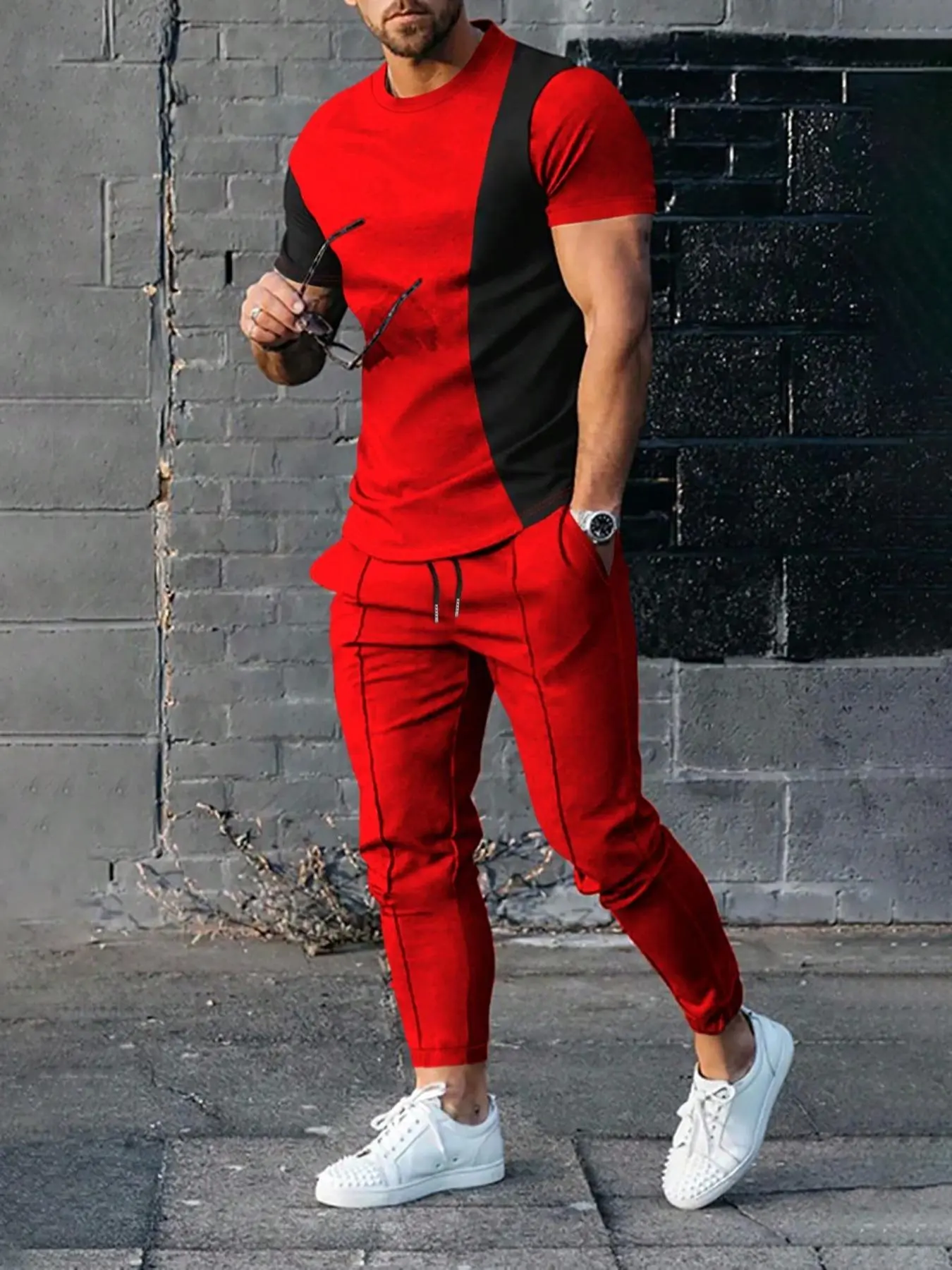 Men's Colorblock Patchwork Crewneck Tee & Plain Sweatpants Set, Short Sleeve T-shirt & Drawstring Waist Pocket Jogger Pants, National Day Clothing, Men's Summer Outfits, Casual Trousers & Top, Matching Outfits Set