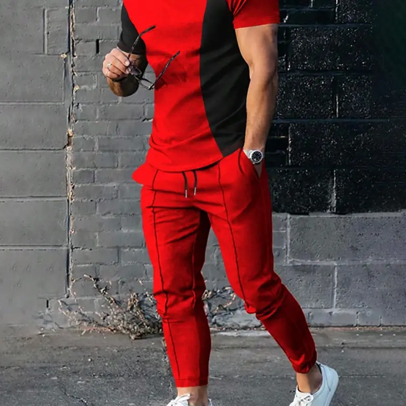 Men's Colorblock Patchwork Crewneck Tee & Plain Sweatpants Set, Short Sleeve T-shirt & Drawstring Waist Pocket Jogger Pants, National Day Clothing, Men's Summer Outfits, Casual Trousers & Top, Matching Outfits Set, Two Piece Set